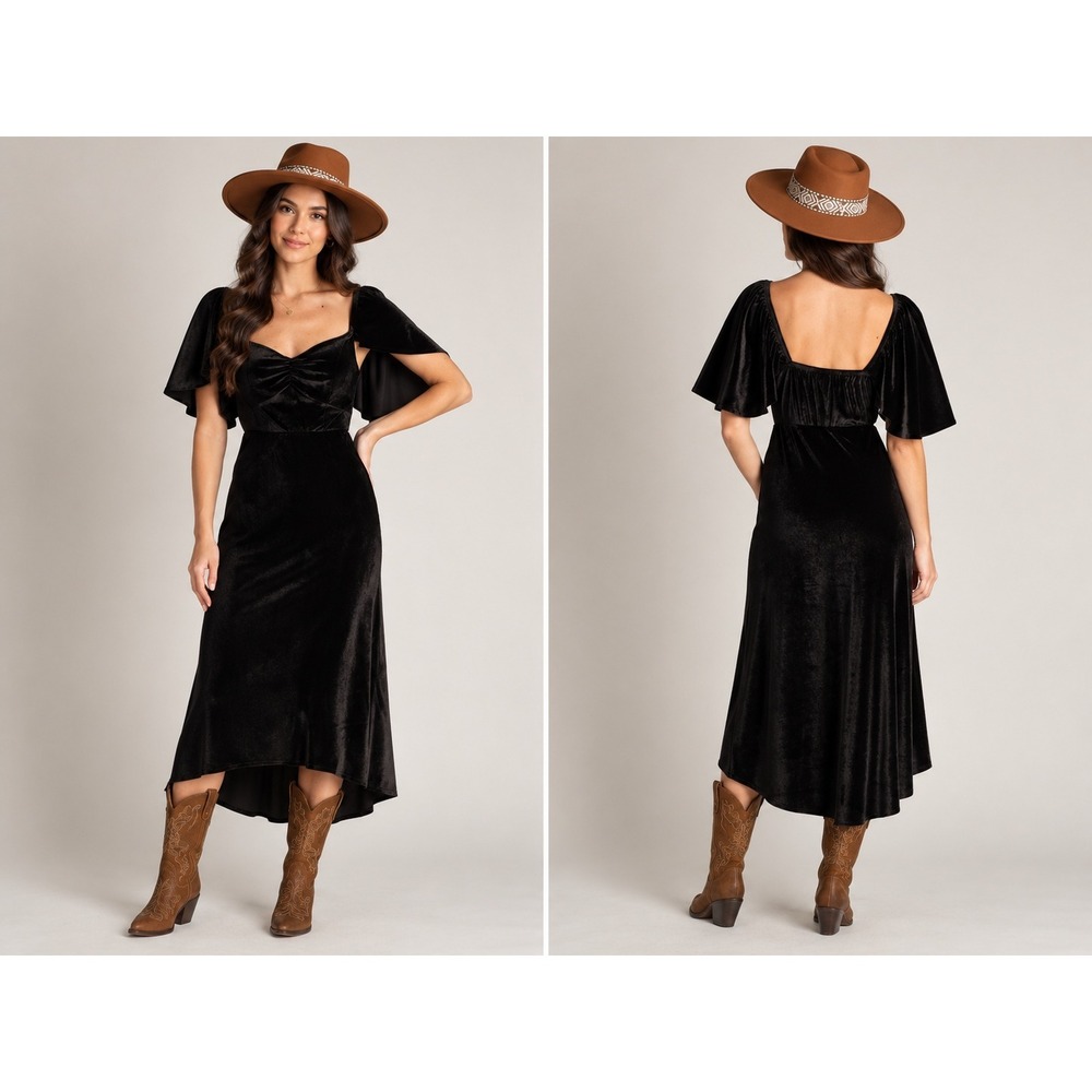 Joyfolie Alana Dress Black Velvet Flutter Sleeve High-Low Midi Small NEW $98